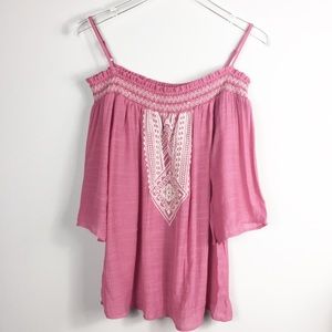 Mind Code pink top with white embroidered detail